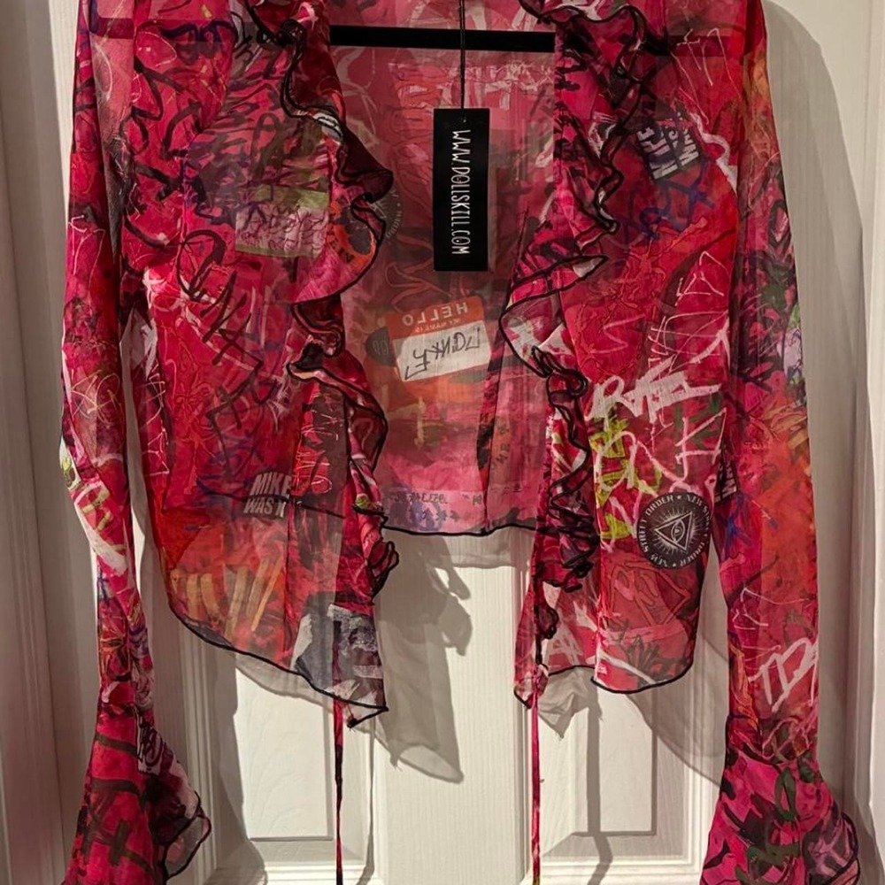 NWT Dolls Kill Current Mood Sheer Pink Graffiti Ruffle Tie Front Blouse